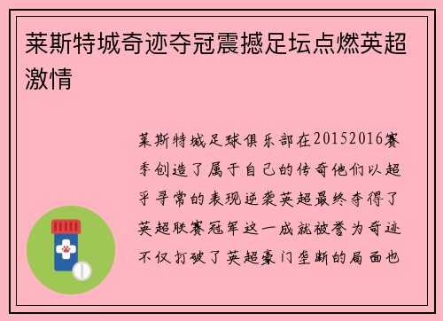 莱斯特城奇迹夺冠震撼足坛点燃英超激情